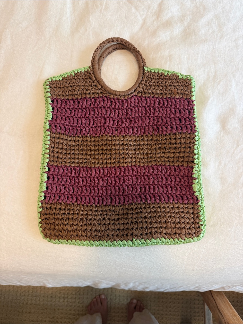 Zara Handwoven Brown & Plum Crochet Tote with Lime Trim